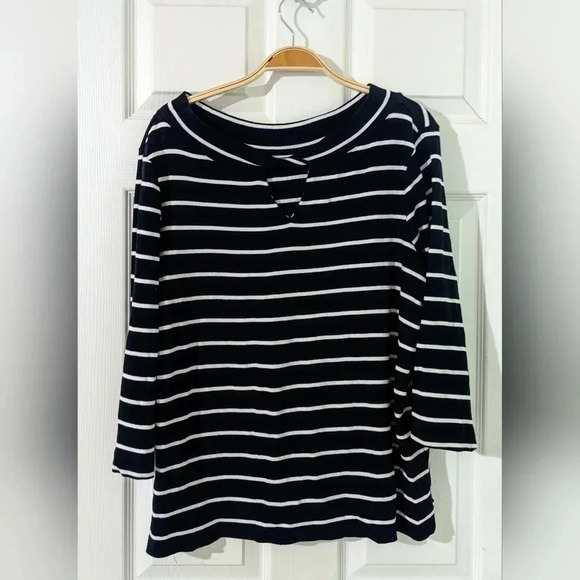 Chico's Tops - Chicos Convertible Striped Cotton Twist Neck Tee Sz XL 3 Black White 3/4 Sleeve‎
